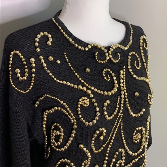 Vintage Black Gold Beaded Embellished Sweater - Picture 3 of 7